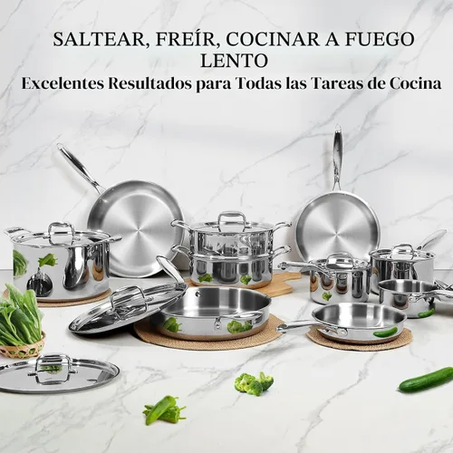 Miniatura 6 de EWFEN Juego de utensilios de cocina de acero inoxidable, juego de ollas y sartenes de 17 piezas de 3 capas de acero inoxidable, seguro para horno