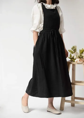 Miniatura 4 de Delantal largo de algodón plisado con espalda en X para cocina, jardín, floristería, ropa de trabajo, vestido con babero