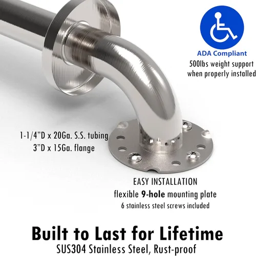 Miniatura 4 de Barra de seguridad de baño de acero inoxidable de 1-1/4 x 24 pulgadas, compatible con la ADA, capacidad de carga de 500 libras, níquel cepillado