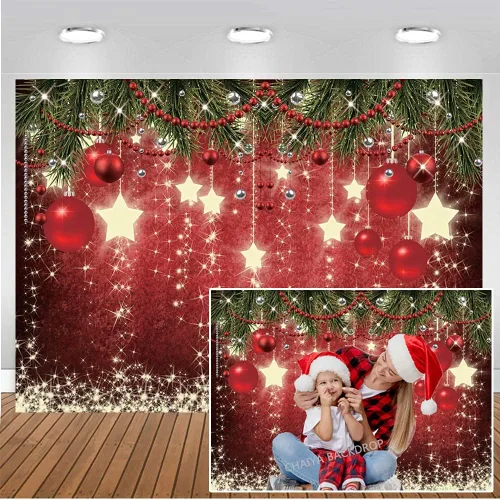 CHAIYA Telón de fondo de Navidad de 7 x 5 pies, bola roja, decoraciones de fiesta de Navidad para la familia, vacaciones, Año Nuevo, telón de fondo