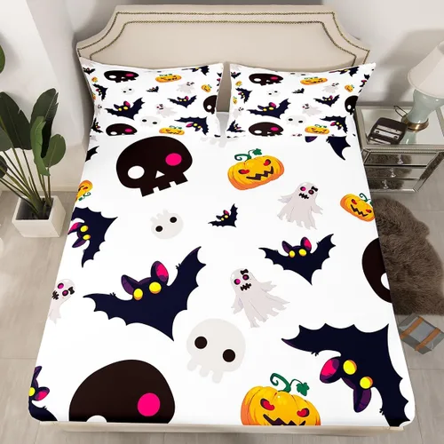 Miniatura 16 de Juego de ropa de cama de Halloween con patrón de sombras kawaii, sábana bajera tamaño queen, decoraciones de calabaza, luces de calabaza góticas