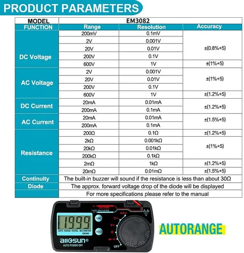 Miniatura 7 de allsun Mini rango automático plegable multímetro digital probador automotriz AC DC Volt AMP Ohm LCD Voltímetro de viaje Amperímetro probador