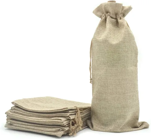 Miniatura 12 de 10 bolsas de vino de arpillera, bolsas de regalo de lino reutilizables con cordón para botellas de licor, bolsas de champán para degustación de Gris