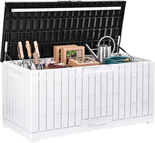 Miniatura 23 de YITAHOME Caja grande de cubierta de 120 galones con parte delantera en forma de X, cajas de almacenamiento de resina para exteriores, banco de Negro