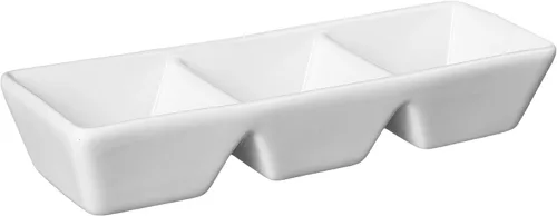 CAC China CN-3T7 Bandeja dividida de 7 pulgadas por 2-1/2 pulgadas, 1.5 onzas, 3 bandejas rectangulares de porcelana súper blanca con 3