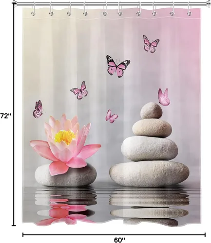 Miniatura 5 de Water Lily and Zen Stone Shower Curtain Pink Butterfly and Floral on Water Nature Scenery Shower Curtain for Bathroom Spa Relaxation Fabric Bath