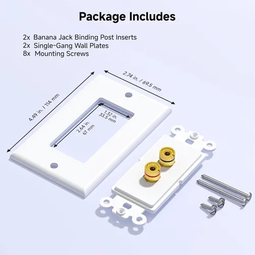 Miniatura 7 de Cable Matters Paquete de 2 placas de pared de alambre para altavoz, placa de pared de altavoz chapada en oro con poste de encuadernación de enchufe