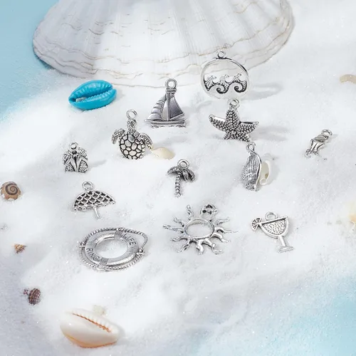 Miniatura 4 de SUNNYCLUE 1 caja de 72 piezas de 12 estilos de dijes plateados del océano Hawaii Beach Charm a granel estilo tibetano aleación tortuga marina sol