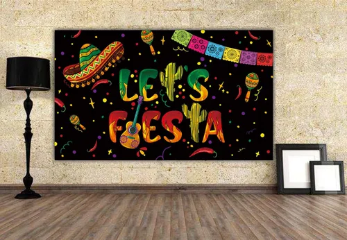 Miniatura 5 de Telón de fondo negro de Let's Fiesta Mexicana, 6 x 3.6 pies, decoración de fiesta de Let's Fiesta Luau Cinco de Mayo, decoración de cumpleaños
