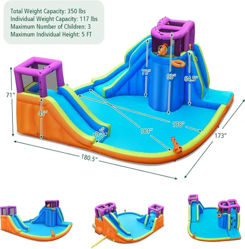 Miniatura 2 de BOUNTECH Parque acuático inflable de 15 x 14.5 pies, Mega tobogán acuático para niños al aire libre con toboganes dobles y escalada para diversión