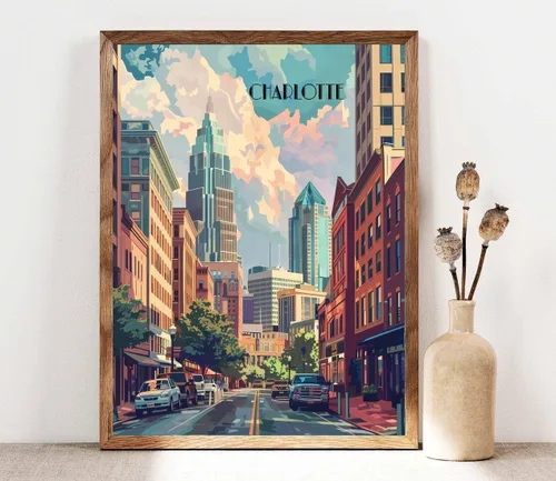 Miniatura 7 de Turnip Designs 8X10 sin marco Charlotte Carolina del Norte Retro City Urbano Paisaje Arte Impresión Póster Ilustración Decoración del Hogar RC016