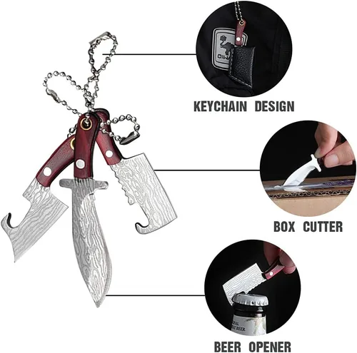 Miniatura 17 de HAOXU MIni - Juego de 4 cuchillos de bolsillo para hacha pequeña, hacha pequeña de Damasco para abridor de paquetes, cortador de caja y campamento