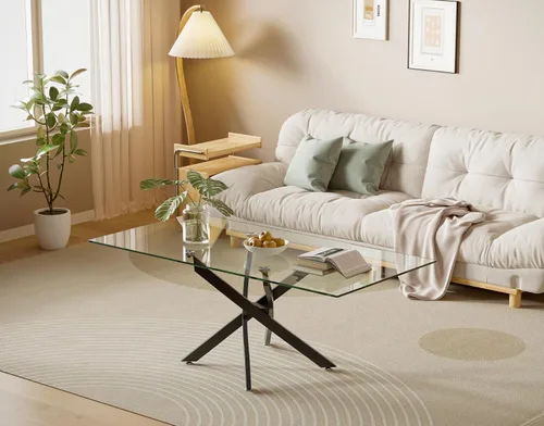 Miniatura 5 de Mesa de centro de vidrio templado con patas de metal, mesa rectangular moderna para sala de estar en casa, oficina, sala de estar