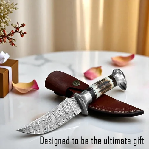 Miniatura 7 de Cuchillo de caza de Damasco con funda de cuero, cuchillos de caza de hoja fija para hombres con mango de asta de ciervo - Cuchillos de regalo