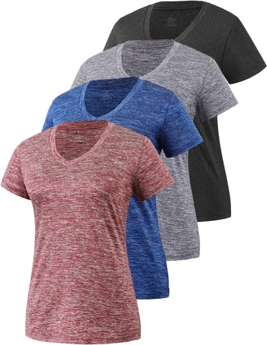 Xelky Paquete de 3 a 4 camisetas de manga corta para mujer, de ajuste seco, absorben la humedad, camisetas atléticas deportivas con cuello en V