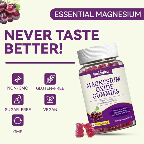 Miniatura 3 de Gomitas de óxido de magnesio de 400 mg, gomitas de magnesio masticables para mujeres y adultos, apoyo nervioso y muscular, sin azúcar, veganas, 60