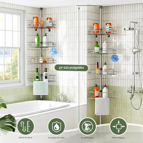 Miniatura 7 de HAMITOR Organizador de Ducha de Esquina con Barra de Tensión: Estanterías Ajustables de 4 Niveles Resistente a la Oxidación - 120-206 Cm Instalación
