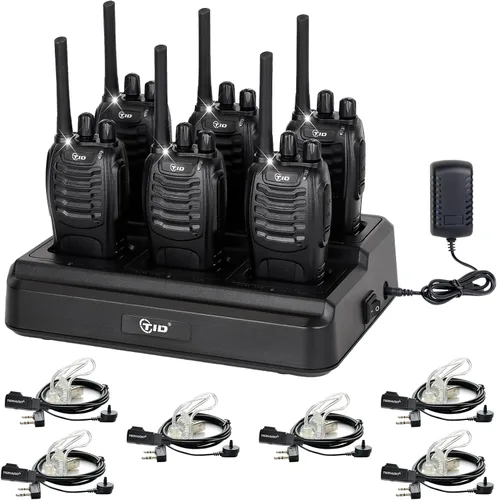 TIDRADIO Walkie Talkies - Radios bidireccionales de largo alcance de 5.5 millas con cargador multiunidad de 6 vías, auriculares de tubo acústico y