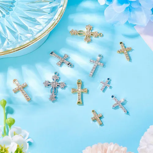 Miniatura 7 de 20 dijes de cruz con diamantes de imitación de cristal y crucifijo colgantes, colgantes de rosario de plata dorada para Pascua, joyería, pulsera
