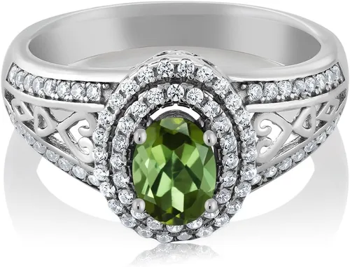 Miniatura 8 de Anillo de compromiso con halo de piedra preciosa y piedra natal en plata chapada en oro amarillo de 18 quilates, ovalado, 0.236 x 0.157 pulgadas