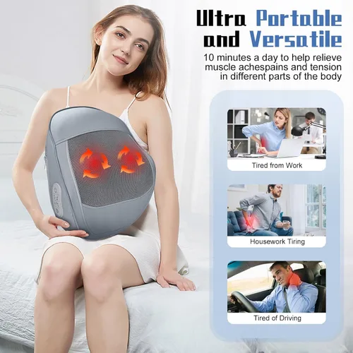 Miniatura 6 de Masajeador de espalda y cuello recargable con calor, almohada de masaje 4D de tejido profundo para aliviar el dolor, masajeador eléctrico