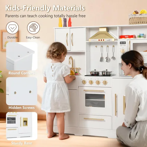 Miniatura 6 de Kinder King Cocina de madera para niños, juego de cocina de juguete para niños pequeños, juego de cocina con sonidos reales, máquina de café