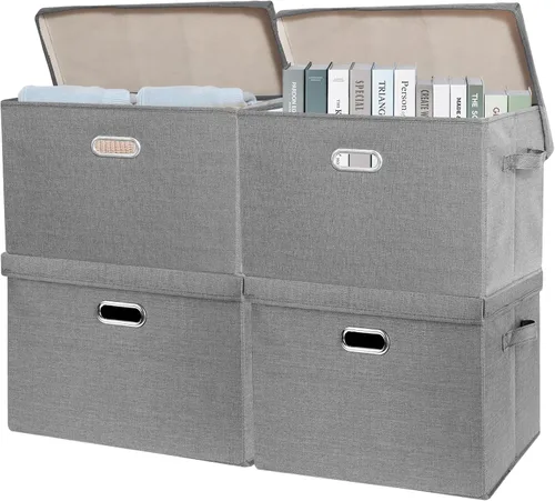 Miniatura 16 de SNWDN Paquete de 3 contenedores plegables de tela con tapas, caja de almacenamiento de tela con tapas para uso doméstico y de oficina