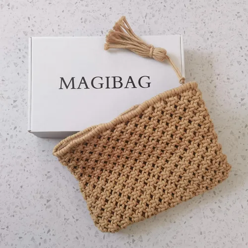 Miniatura 7 de Magibag Bolso de mano con borla de ganchillo, bolsa de mano de algodón, macramé, bolso de mano tejido a mano, bolso de pulsera con cremallera