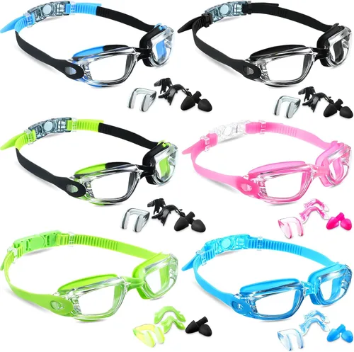 Paquete de 6 gafas de natación antivaho con marco de silicona suave sin fugas, gafas de natación anti UV con 6 clips para la nariz, 6 tapones para