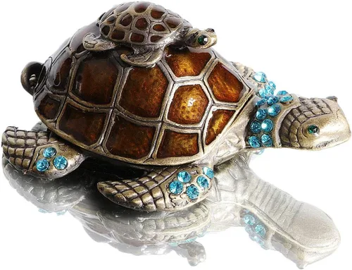 Waltz&F Joyero de tortuga con cristales verdes claros brillantes, caja de baratijas con bisagras, figura pintada a mano, soporte para anillo