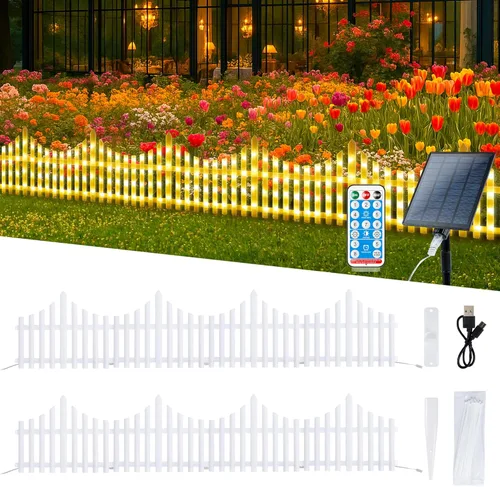 Miniatura 9 de Hopolon Paquete de 4 luces solares de jardín al aire libre, 11.1 pulgadas de alto x 4.6 pies de largo, 144 luces LED blancas para valla de estacas