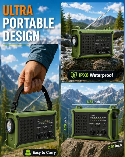 Miniatura 8 de Radio de emergencia meteorológica con energía solar y manivela – AM/FM/NOAA, linterna LED, luz de lectura, carga USB y SOS – Equipo de supervivencia