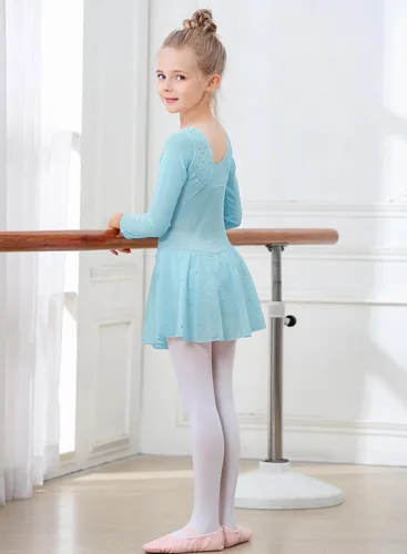 Miniatura 30 de EQSJIU Leotardo de baile de manga larga para niñas, vestido de ballet brillante con copo de nieve, tutú con falda tutú para niñas