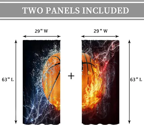 Miniatura 4 de Cortinas deportivas para niños de 29 pulgadas de ancho x 63 pulgadas de largo, bolsillo para barra, diseño abstracto de llamas, básquetbol