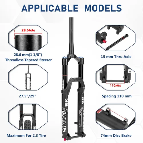 Miniatura 2 de BUCKLOS Horquilla de suspensión neumática MTB 27.5 29 4.331 * 0.591 in Boost AM E-Bike cónica, viaje 6.299 in 1.417 in tubo interior a través