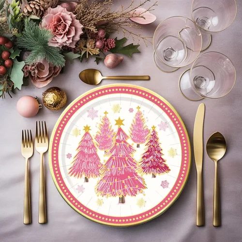 Miniatura 5 de 40 platos de Navidad de 9 pulgadas, platos de papel desechables de papel de lámina dorada, platos de fiesta de árbol de Navidad rosa para fiestas