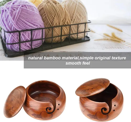 Miniatura 13 de Joyeee Cuenco de almacenamiento de hilo de madera hecho a mano, 6 pulgadas con agujeros tallados y perforados, regalo para entusiastas de tejer