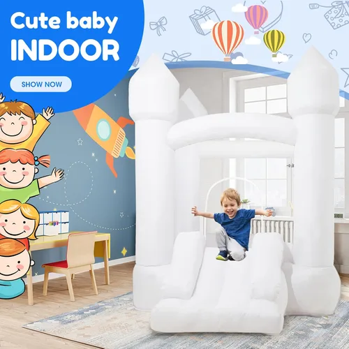 Miniatura 7 de Casa de rebote blanca, casa inflable con tobogán y soplador, castillo animoso blanco para niños en interiores y exteriores, regalos ideales