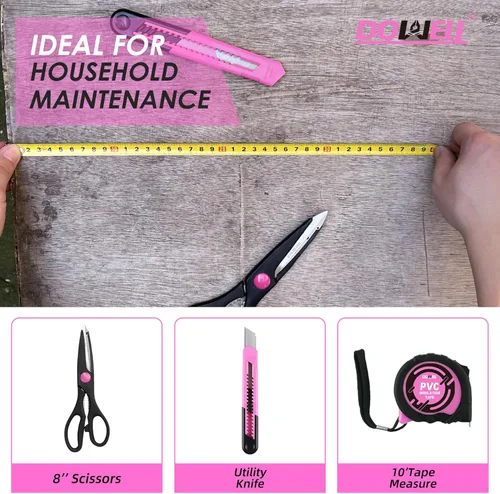 Miniatura 4 de DOWELL Juego de herramientas para el hogar de 40 piezas rosa, kit de herramientas manuales generales para el hogar con estuche de almacenamiento