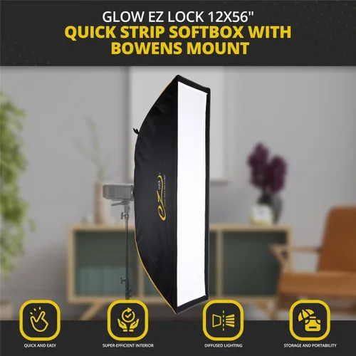 Miniatura 8 de Glow EZ Lock 12x56 Quick Strip Rectangular Bowens Mount Softbox w/Externo, Difusores Internos
