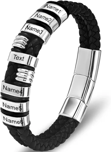 Miniatura 31 de Pulsera personalizada para hombre con cuentas de nombre personalizadas, pulsera de cuero trenzado personalizada grabada con 2-6 nombres
