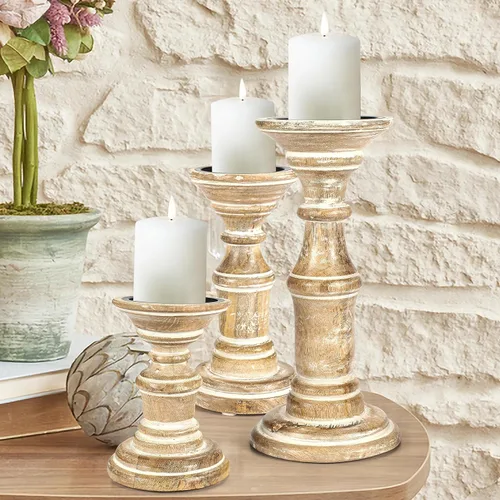 Miniatura 10 de Juego de 3 portavelas de pilar de madera hecho a mano, ideal para velas LED y pilares, regalo para bodas, Navidad, fiestas, hogar, spa, reiki