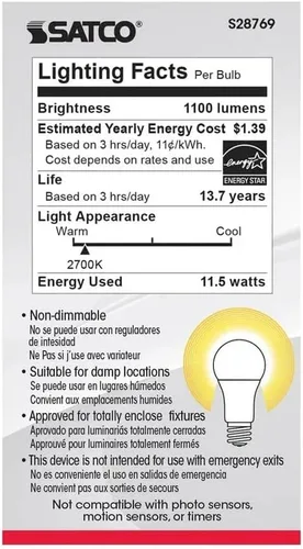 Miniatura 5 de Satco 28769-11.5A19/LED/27K/ND/120V/4PK S28769 A19 A Line Pera4 Bombilla LED