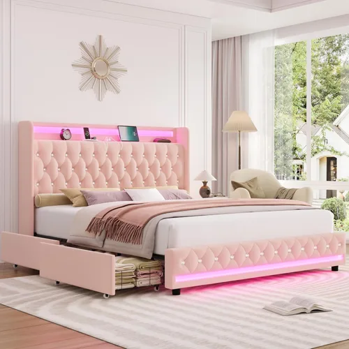 Miniatura 16 de HIFIT Marco de cama tapizada tamaño individual LED con cabecera de estación de carga y 4 cajones de almacenamiento, marcos de cama de plataforma