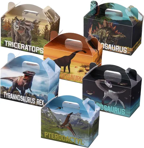 TaoBary 24 cajas de recuerdo de fiesta de dinosaurios para niños y niñas, recipientes de regalo de golosinas de dinosaurio jurásico con asa para