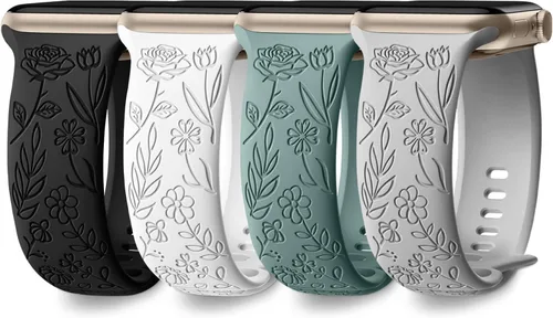 DaQin Paquete de 4 correas florales grabadas compatibles con Apple Watch para mujeres de 40mm 41mm 42mm 44mm 45mm 46mm 38mm 49mm, correa de silicona