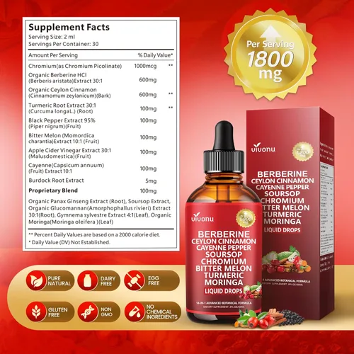 Miniatura 8 de Gotas líquidas de suplemento de Berberina 14 en 1 con canela de Ceilán, 1800mg + tecnología liposomal 30:1 con pimienta de cayena, guanábana, cromo