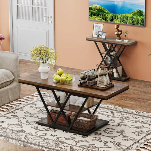 Miniatura 6 de Espelism Mesa de centro industrial con almacenamiento de 3 niveles para sala de estar, mesa rectangular de madera para cóctel, mesa de té rústica