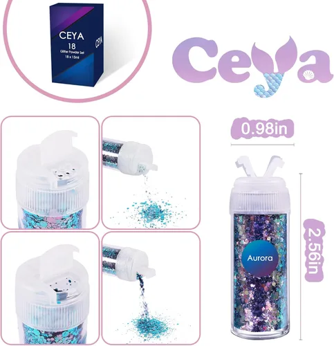 Miniatura 4 de Ceya - Juego de purpurina camaleón gruesa de 18 colores, 6.3 oz/180 g, polvo de purpurina artesanal con cambio de color, cada 15 ml, copos