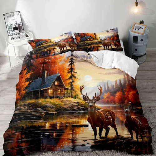 Miniatura 11 de LUVIVIHOME Juego de funda de edredón de 2 piezas, diseño de oso y alce, ciervo, ciervo, ropa de cama de cabaña, ropa de cama rústica de granja